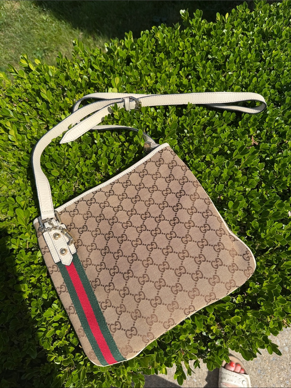 Gucci Beige Monogram Crossbody Bag with Green &red stripe with COA white leathe